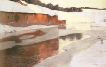 Frits Thaulow : A Factory Building near an Icy River in Winter